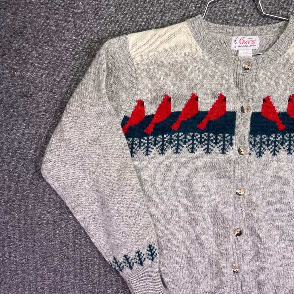 Orvis Cardinal Bird Cardigan Womens 42 Grey Shetland Wool Fair Isle Cabin Nature - Picture 10 of 16